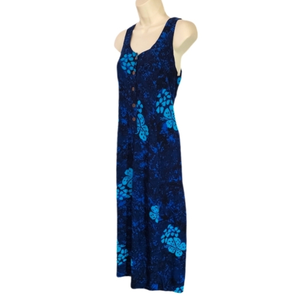 Young Fashion Dress Floral Sleeveless Button Bodice Maxi Blue Size M